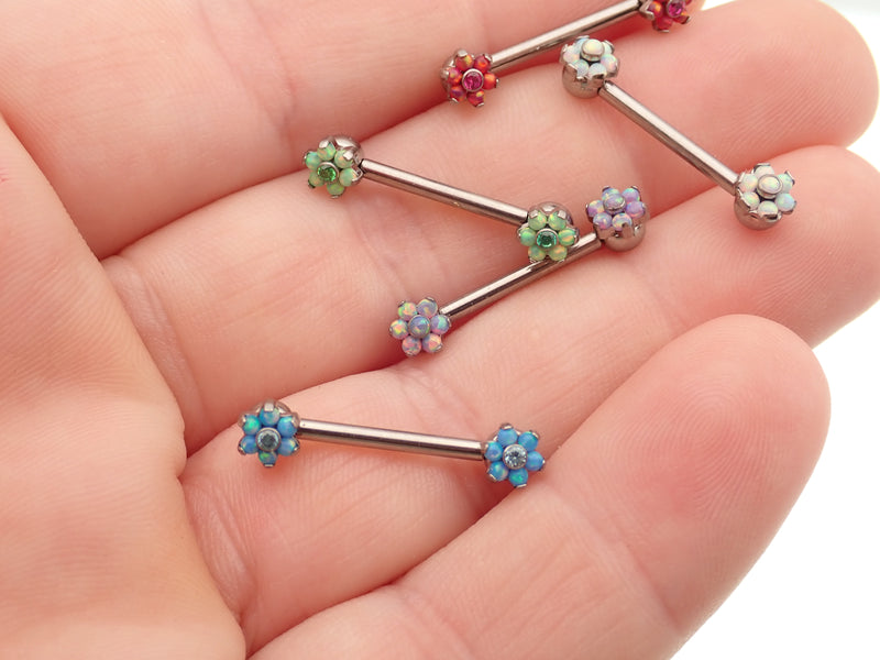 Flower Opal Push Fit threadless swap out Nipple Bar 16g, 14g, 12g