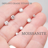 MOISSANITE- Implant Titanium Flatback piercing, 18g/16g/14g- Internally Threaded- 0.9mm thread