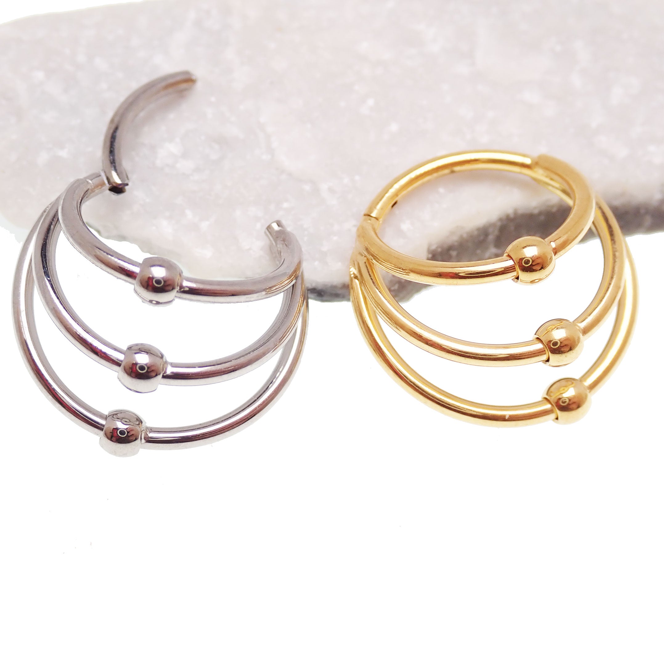 Implant Titanium 3 tier Fan Stack Hinged Titanium Clicker · Septum/Daith/Helix · 16g Hoop 10mm