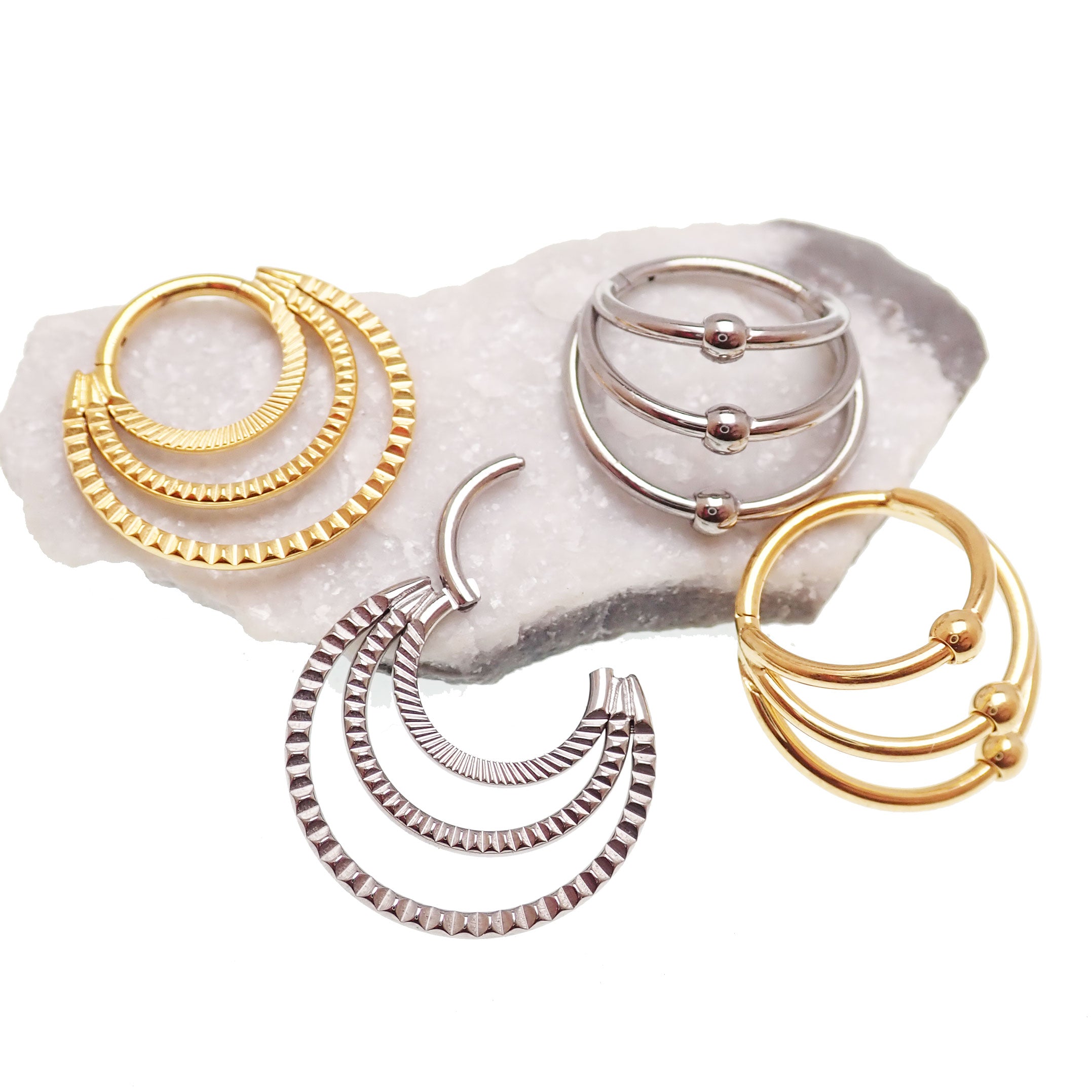 Implant Titanium 3 tier Fan Stack Hinged Titanium Clicker · Septum/Daith/Helix · 16g Hoop 10mm