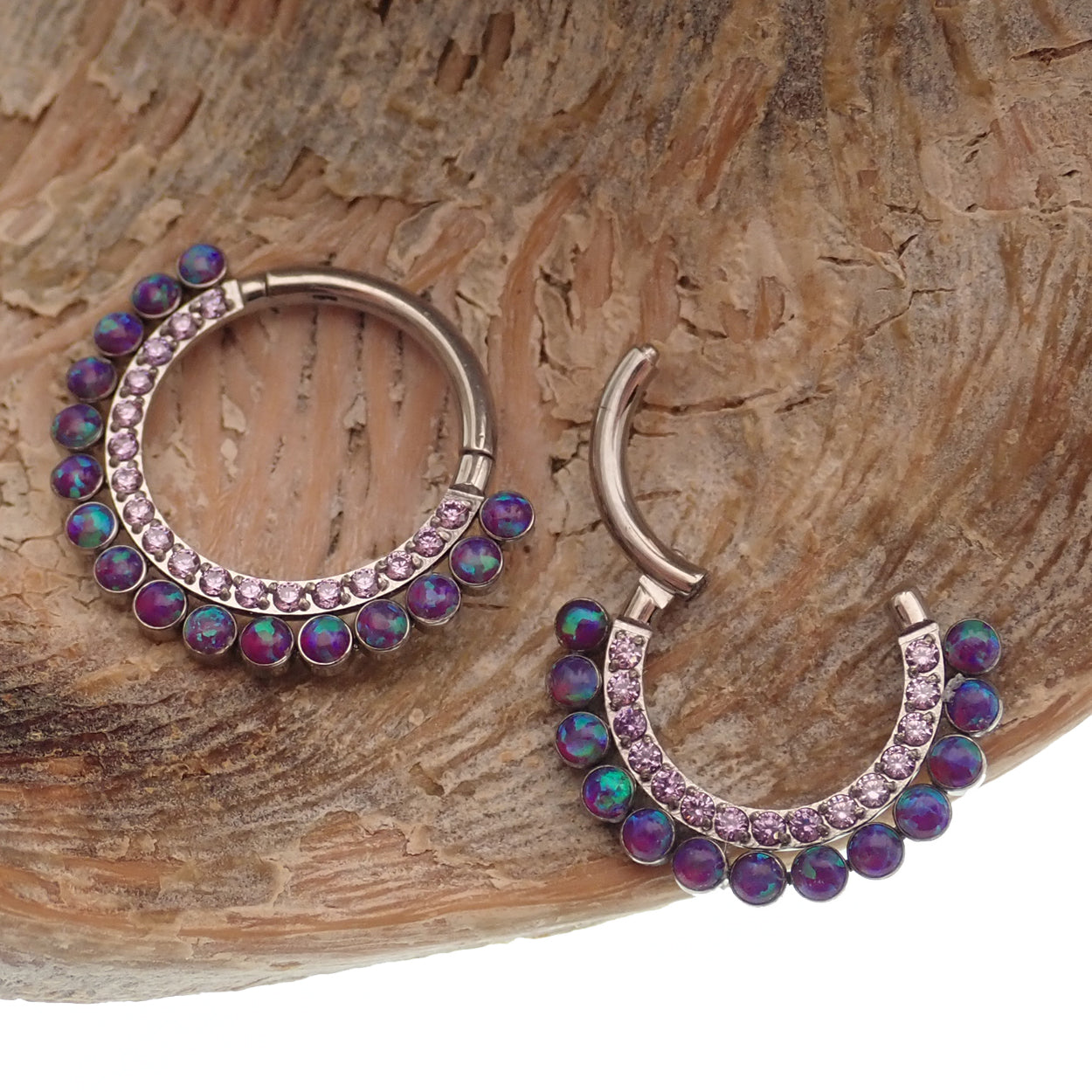 Sleepy Lavender Opal & Amethyst CZ  Titanium Clicker 16g
