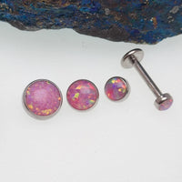 Rose pink opal titanium flatback internally threaded body jewelry with 0.9mm thread, 3mm size, 18g gauge, and 6mm diameter.
