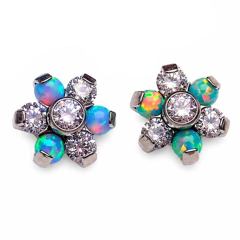 Titanium 18G flower flatback attachment with yellow opal and CZ stones, featuring moon design and floral detailing.