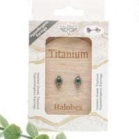Titanium implant earrings with emerald and champagne accents, 20g, featuring a sleek, modern design and titanium craftsmanship.