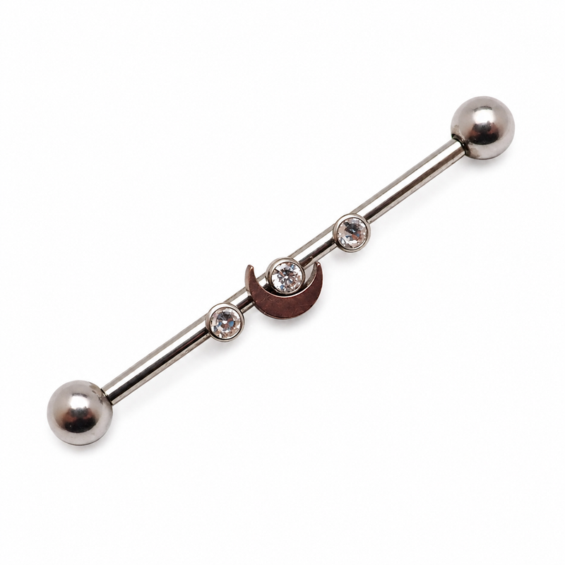 Titanium Deluxe Crystal Stone Moon industrial scaffold piercing with 14g gauge and 32mm length, featuring a crystal moon design.