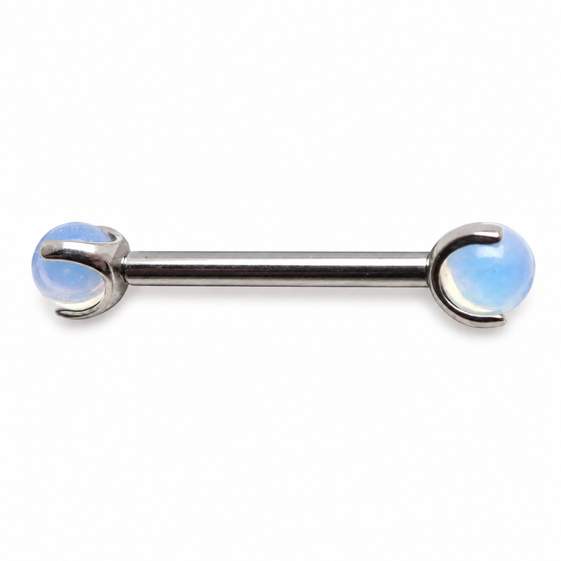 Titanium nipple jewelry with Opalite Moonstone and push fit design, available in 14g and 16g gauges.