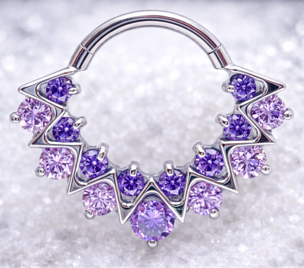 Silver nose ring with purple gemstones on a glittery background daith/ septum hypoallergenic 