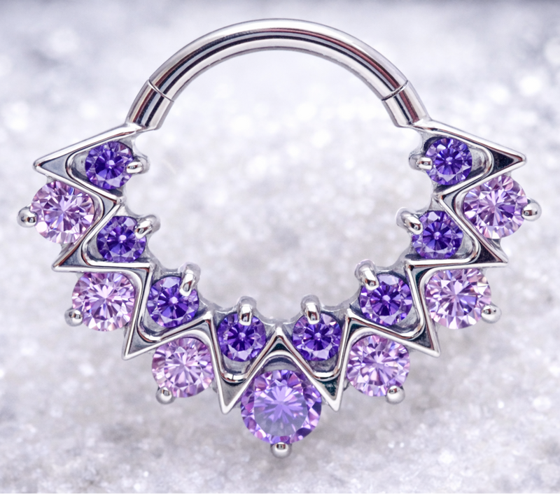 Silver nose ring with purple gemstones on a glittery background daith/ septum hypoallergenic 