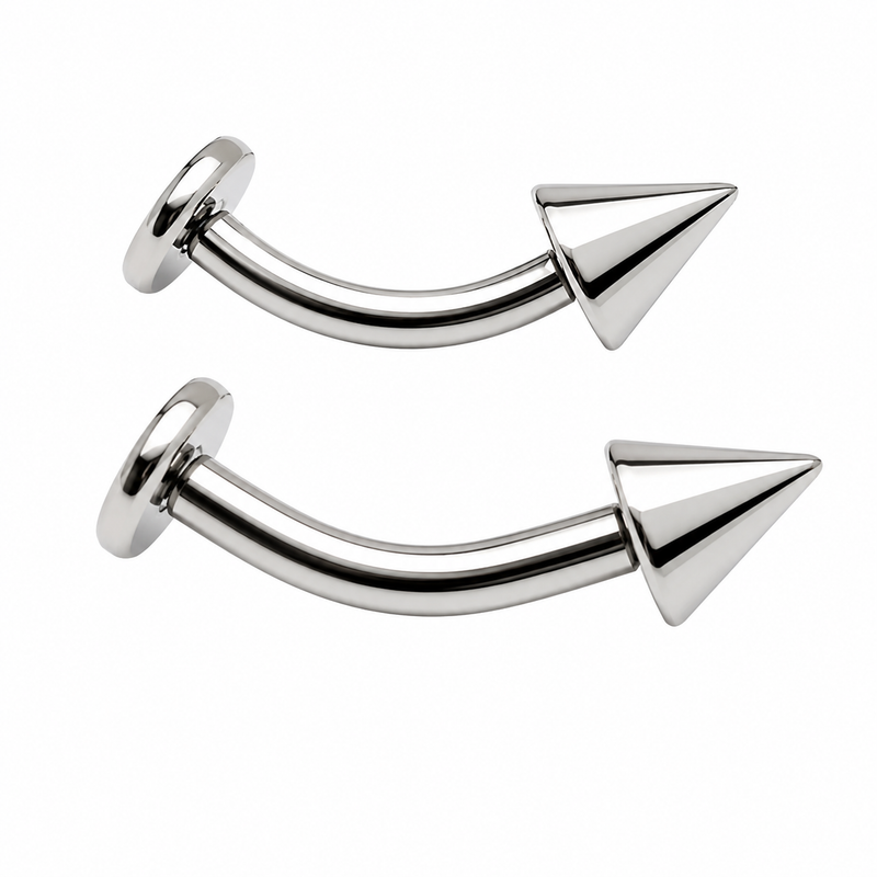 Titanium internally threaded curve barbell with spike cone and flat disc ends, 16g and 14g, Body Clickers jewelry for body piercing.