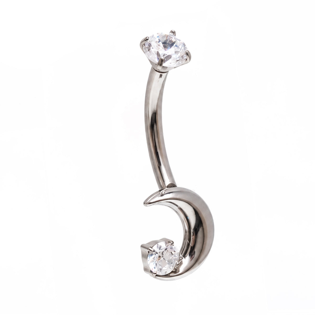 Moon CZ belly bar piercing on a white background 