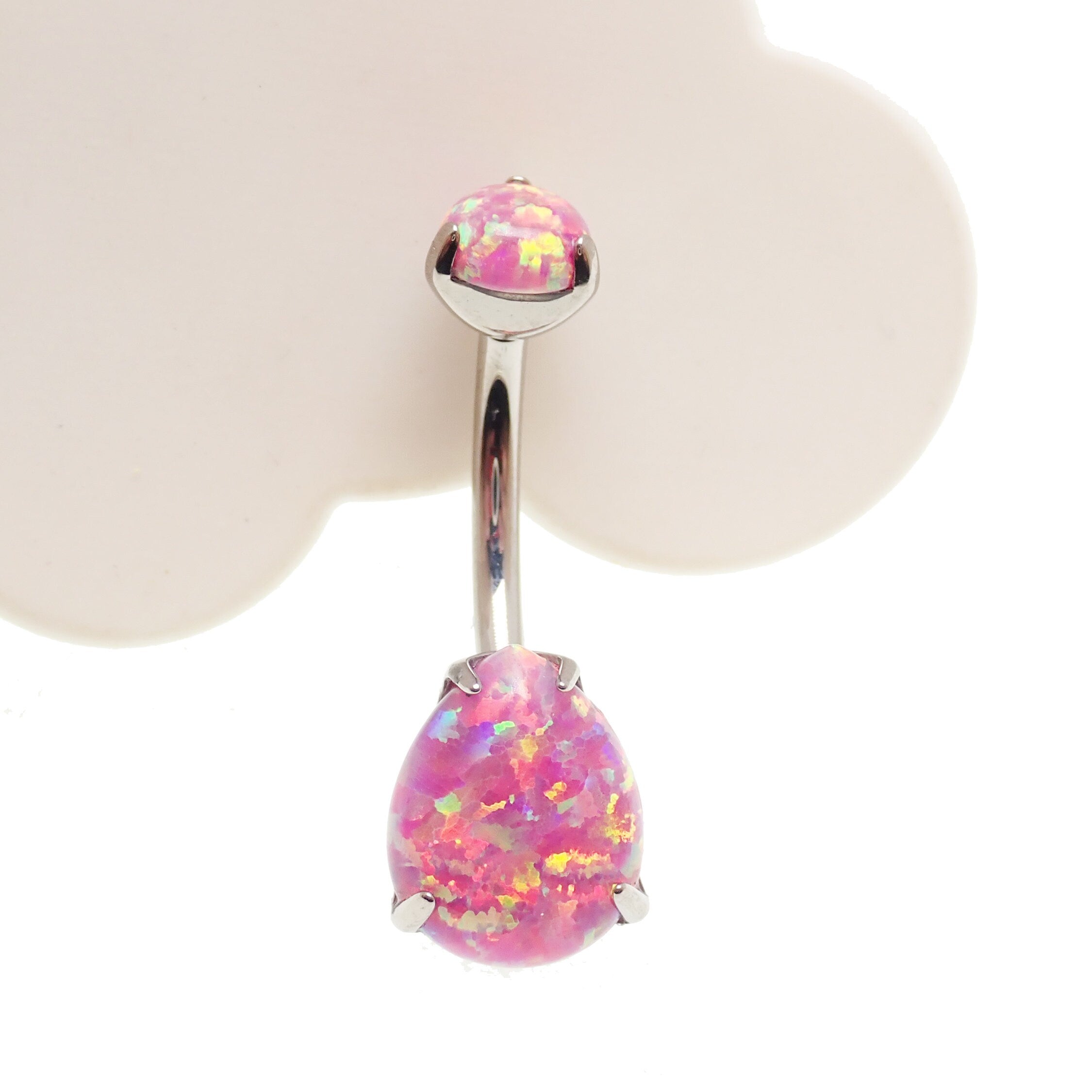 Rose pink opal belly ring 14g with 10mm body jewelry piece by Body Clickers Body Jewelry, featuring a polished pink opal gemstone.