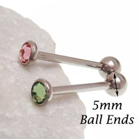Green or Pink CZ Tongue Titanium Barbell Piercing 14g