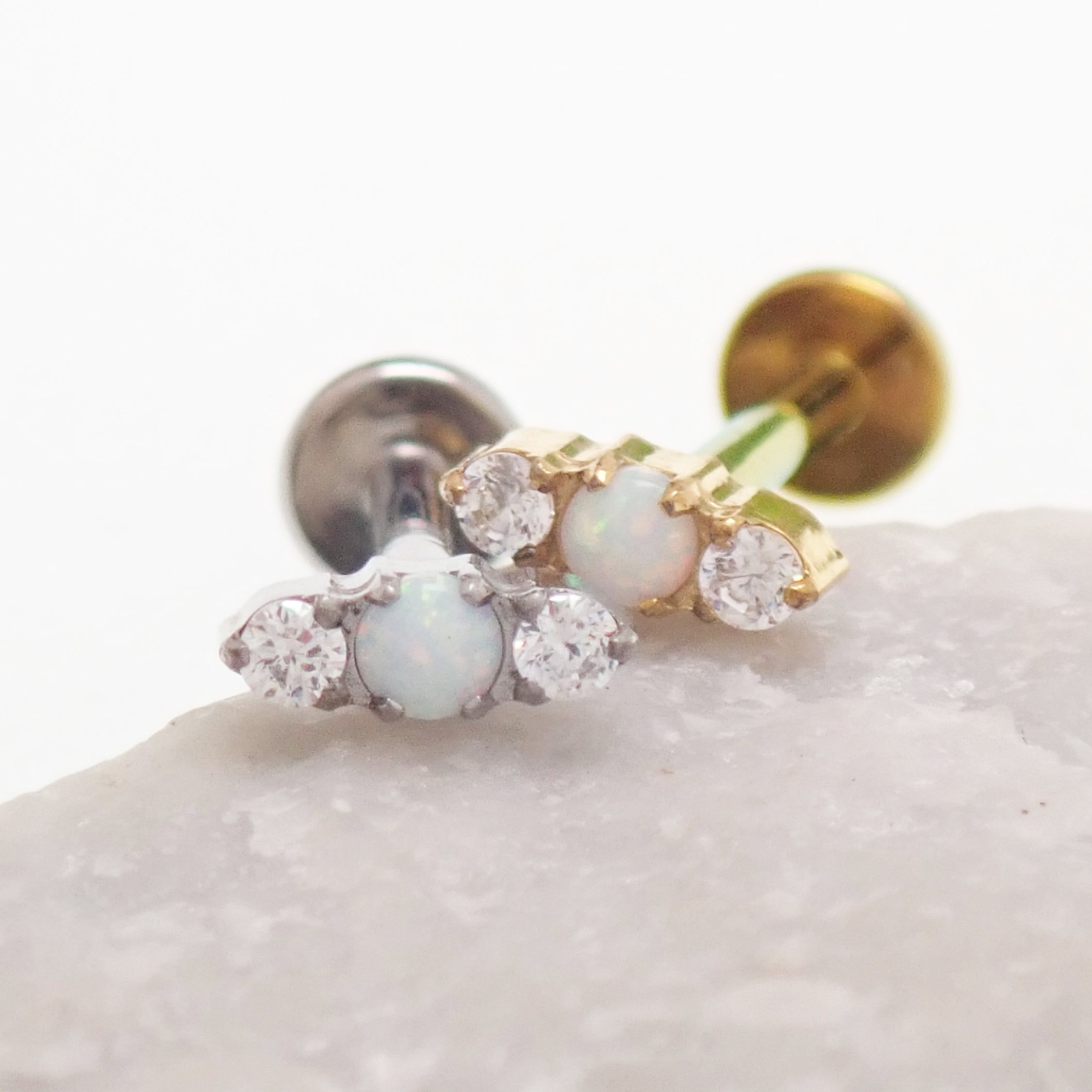 CZ White Opal Tri-Stone Titanium Flatback/ Labret Piercing 0.9mm Thread