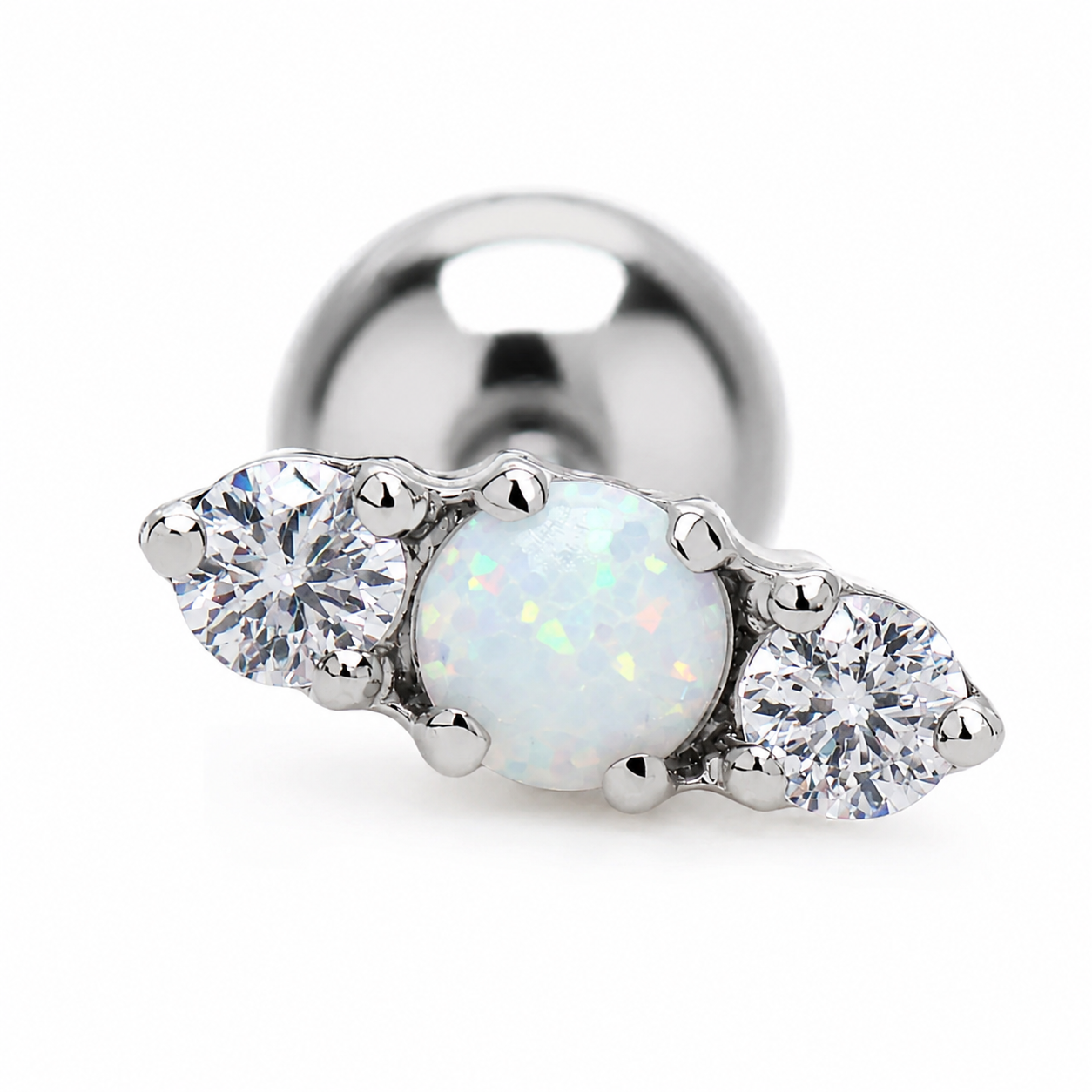 CZ White Opal Tri-Stone Titanium Flatback/ Labret Piercing 0.9mm Thread
