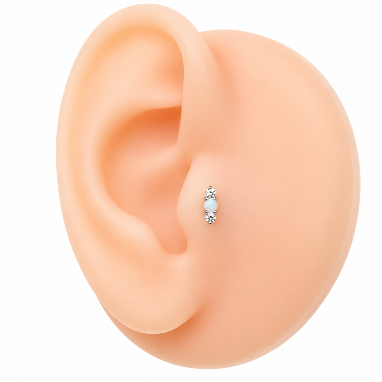 CZ White Opal Tri-Stone Titanium Flatback/ Labret Piercing 0.9mm Thread