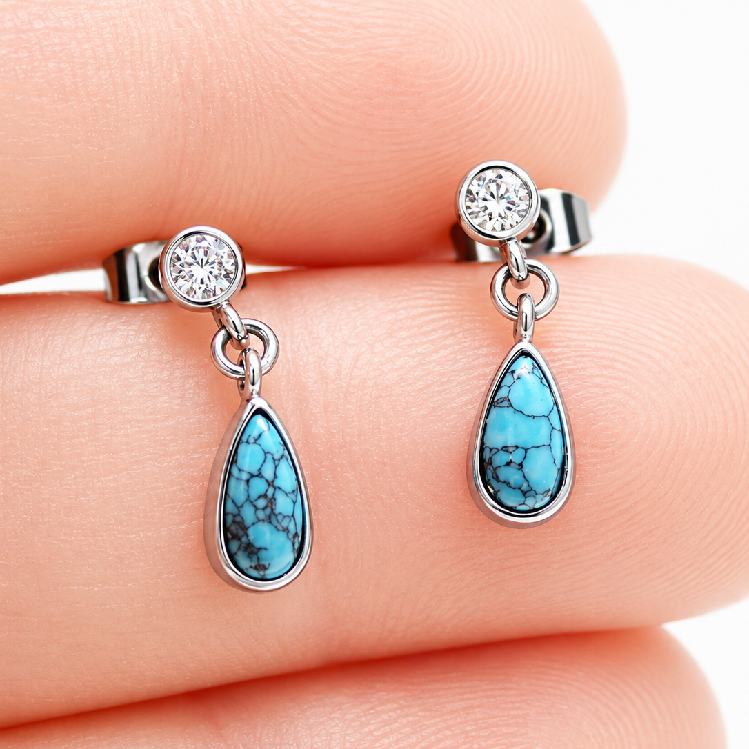 Implant grade Titanium Natural Turquoise & CZ - Pair 20g Earrings