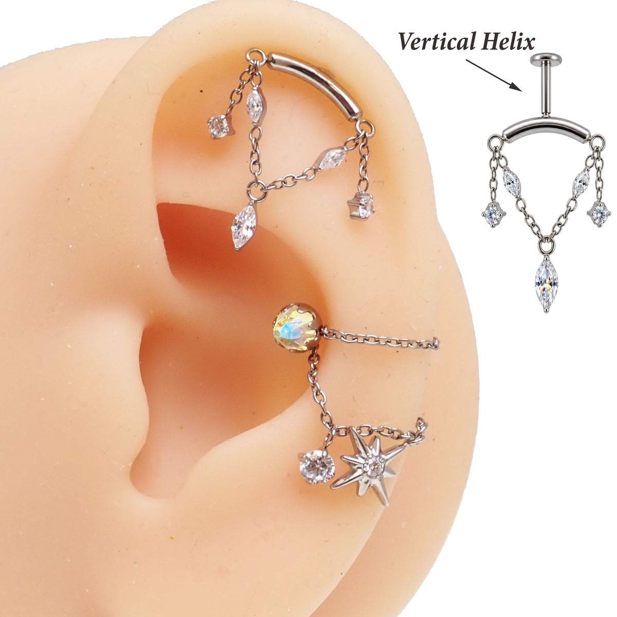 Hidden Helix Vertical, CZ Chain Titanium Flatback 18g, 16g, 14g