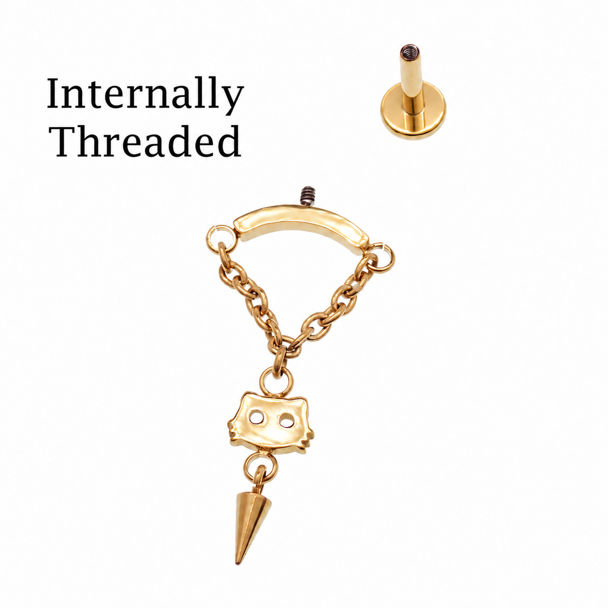 Dangly gold vertical helix piercing sitting on a white background unscrewed from the backing and labeled, "Internally threaded1".