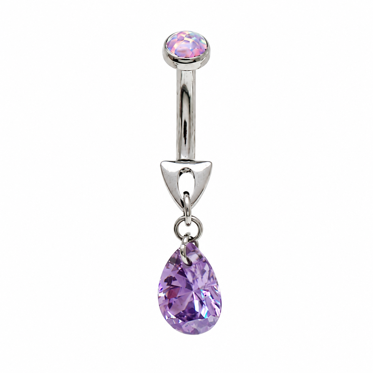 Magpie violet and lavender dangle belly ring with CZ and opal gemstones on a curved bar, 14g body jewelry.