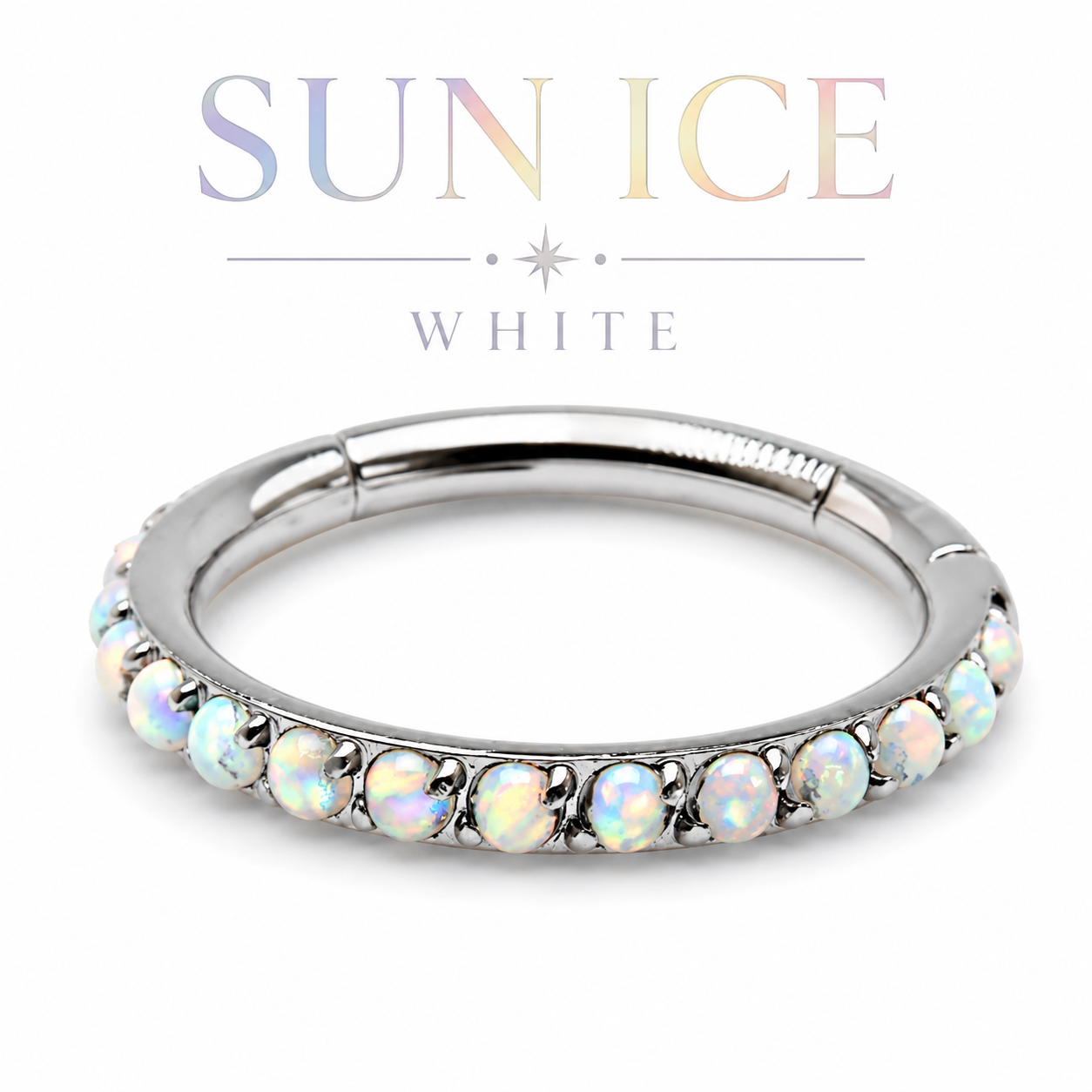 Silver ring with opal stones on a white background, featuring the brand 'Sun Ice'.