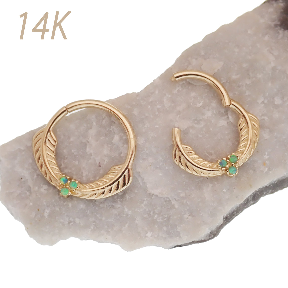 14k Solid gold feather and opal clicker 16g