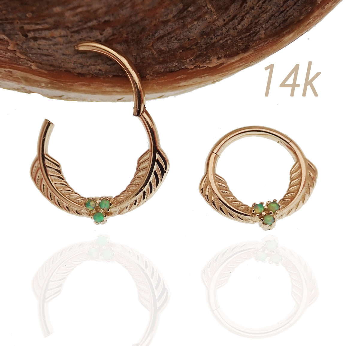 14k Solid gold feather and opal clicker 16g