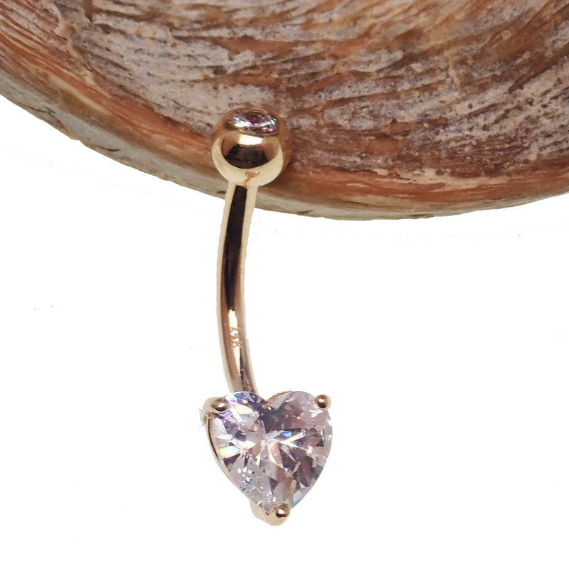 CZ Heart 14k Gold Belly Bar 14g - Body Clickers Body Jewelry