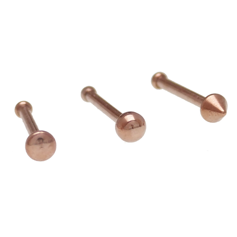 Set of 3 Rose Gold Cone, Ball, Flat Nose Studs 18g