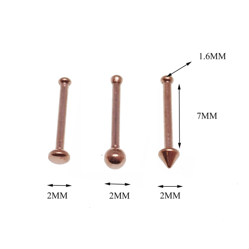 Set of 3 Rose Gold Cone, Ball, Flat Nose Studs 18g