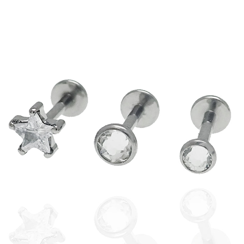 3 Set Full Clear CZ Star & Round CZ Titanium Flatback Piercing 18g, 16g, 14g