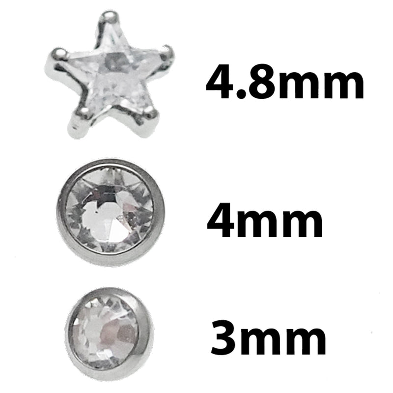 3 Set Full Clear CZ Star & Round CZ Titanium Flatback Piercing 18g, 16g, 14g