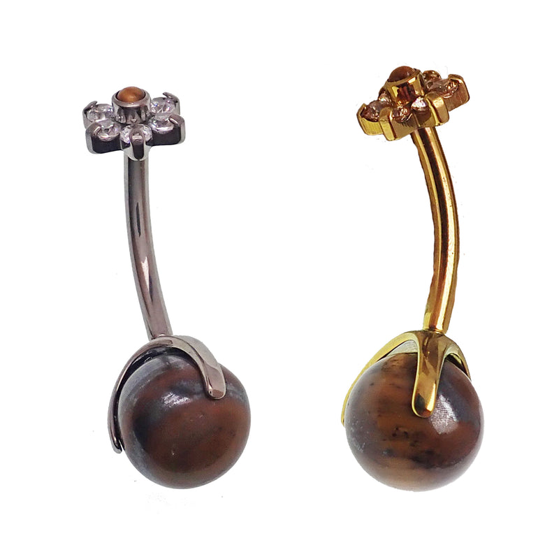 Tiger's Eye CZ Flower Belly Bar 14g