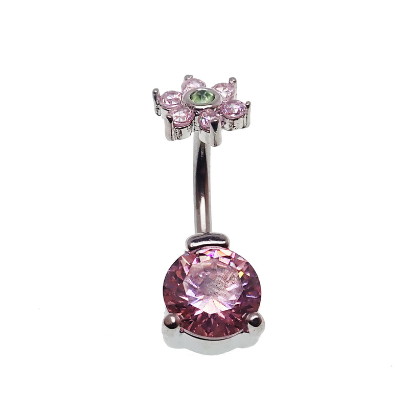 Circular CZ & CZ Flower Belly Bar 14g - Body Clickers Body Jewelry