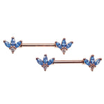 Blue & Clear CZ Rose Gold Flower Steel Nipple Bar 14g