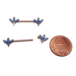 Blue & Clear CZ Rose Gold Flower Steel Nipple Bar 14g