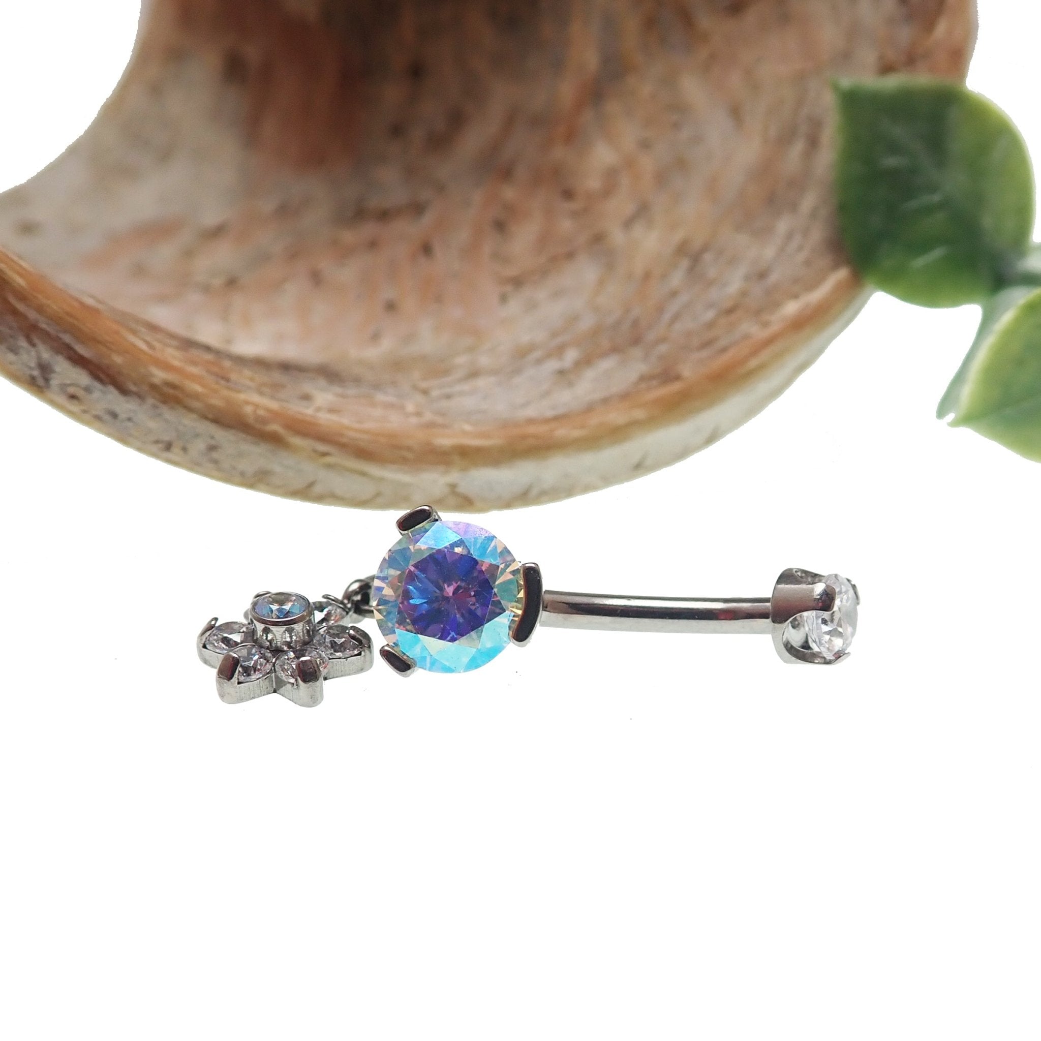 AB & CZ Dangle Belly Bar 14g - Body Clickers Body Jewelry