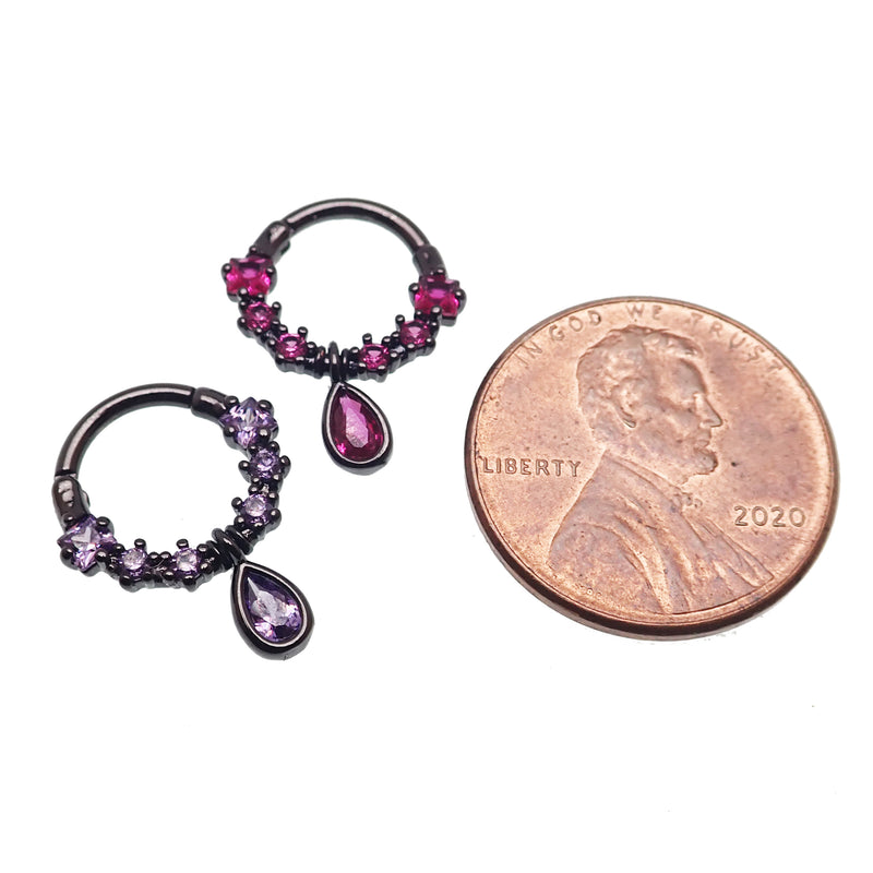 PVD Black CZ Tear Drop Steel Septum Clicker 16g