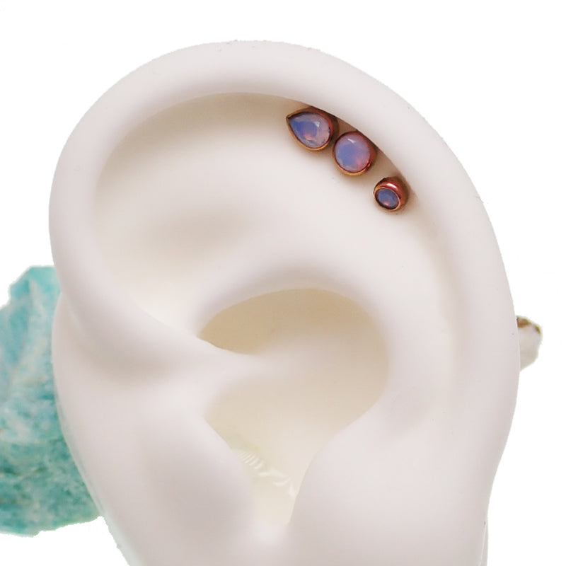 Opalite 3-Set Rose Gold Anodized Teardrop PUSH FIT Flatback Labret 20g, 18g, 16g, 14g