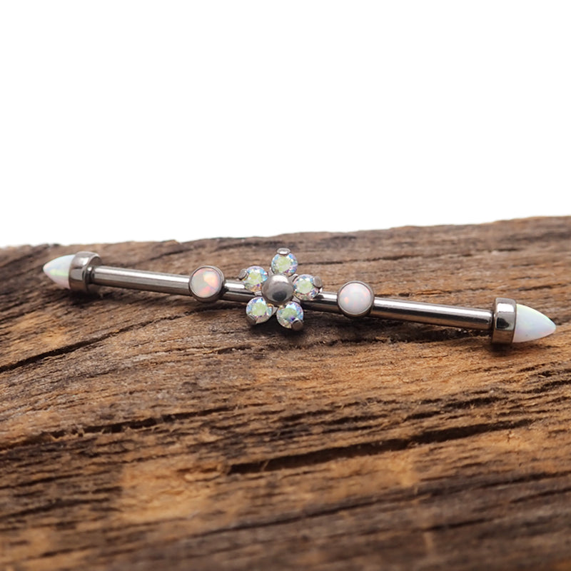 Rainbow CZ Flower & White Opal Industrial Scaffold Bar - 14g