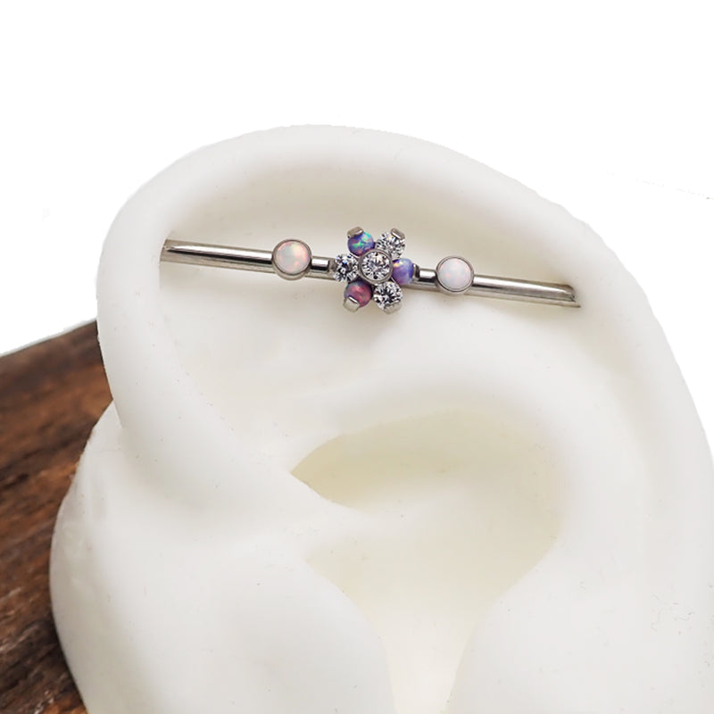 Clear CZ & Multi Lavender Flower with White Opals Industrial Scaffold Bar 14g