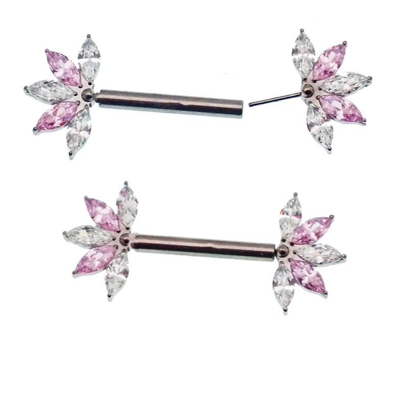 Pink & Clear CZ Flower Titanium Nipple Bar 12g, 16g, 14g