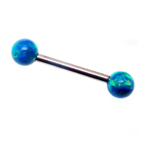 Titanium barbell with peacock blue fire opal gemstones, 14G, 1.6mm to 8mm size, from Body Clickers.