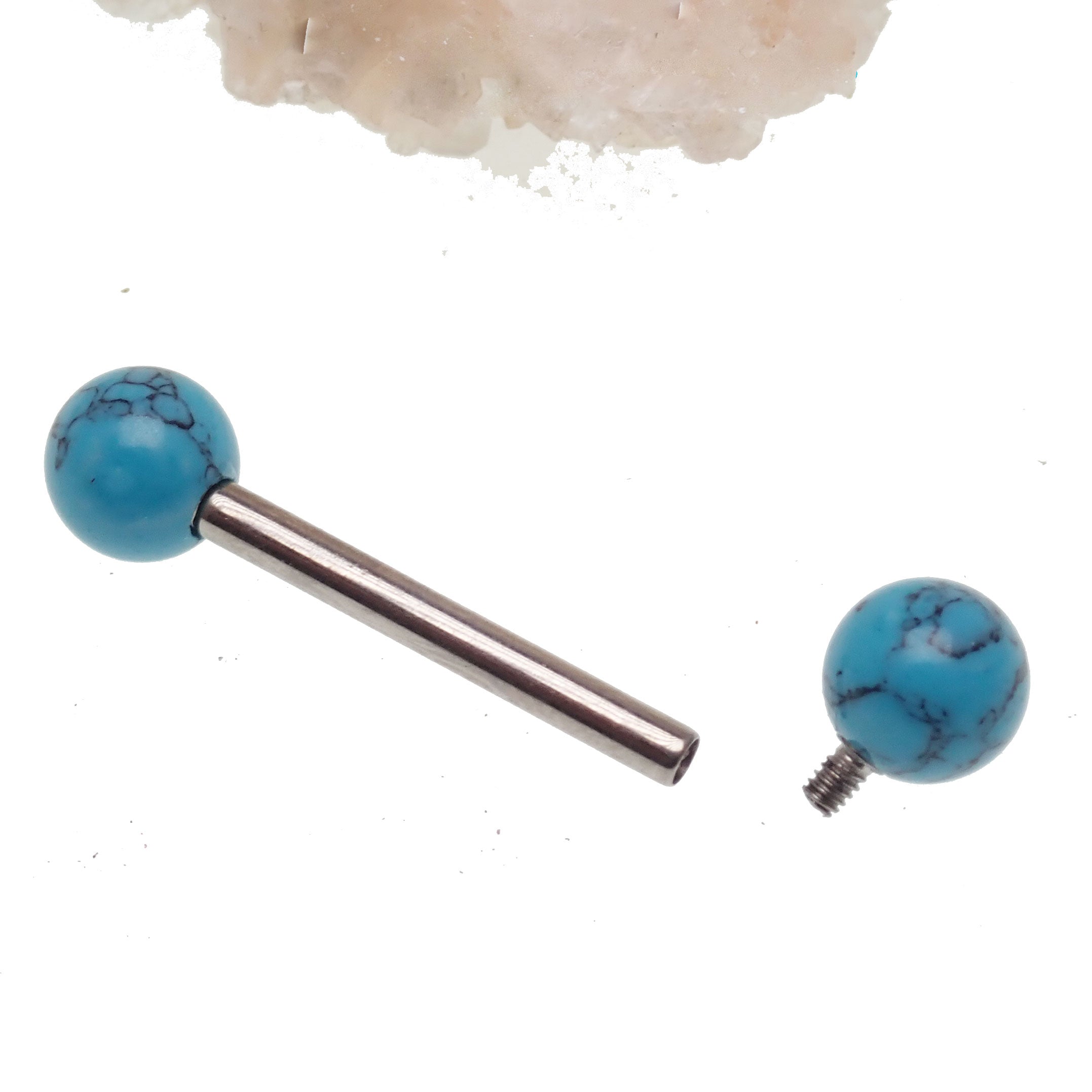 14g titanium barbell with turquoise lab stones, body jewelry with 1.6mm and 8mm decorative stones.