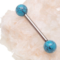 Titanium barbell with turquoise lab stones, 14g gauge, 1.6mm and 8mm length, Body Clickers jewelry for body piercing.