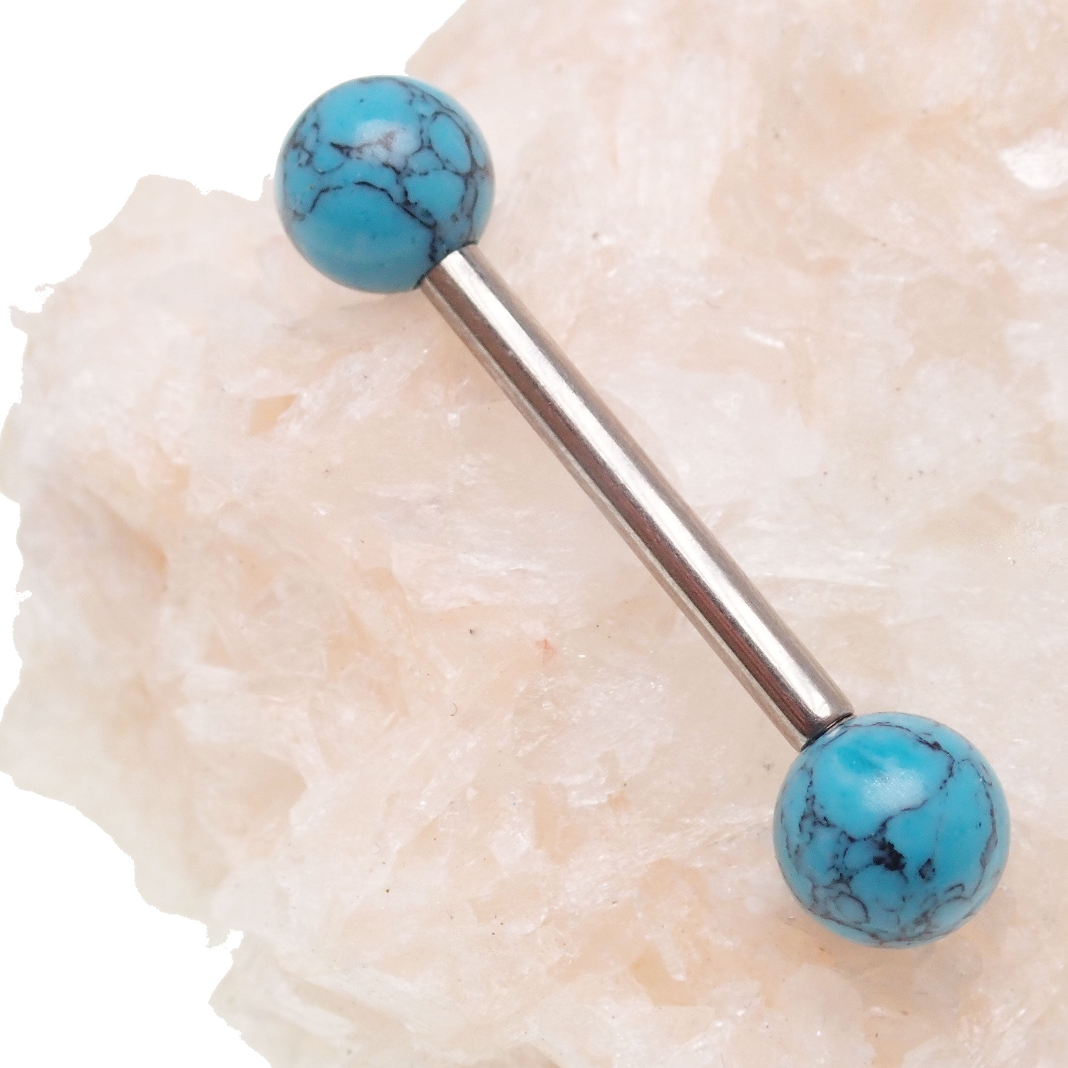 Titanium barbell with turquoise lab stones, 14g gauge, 1.6mm and 8mm length, Body Clickers jewelry for body piercing.