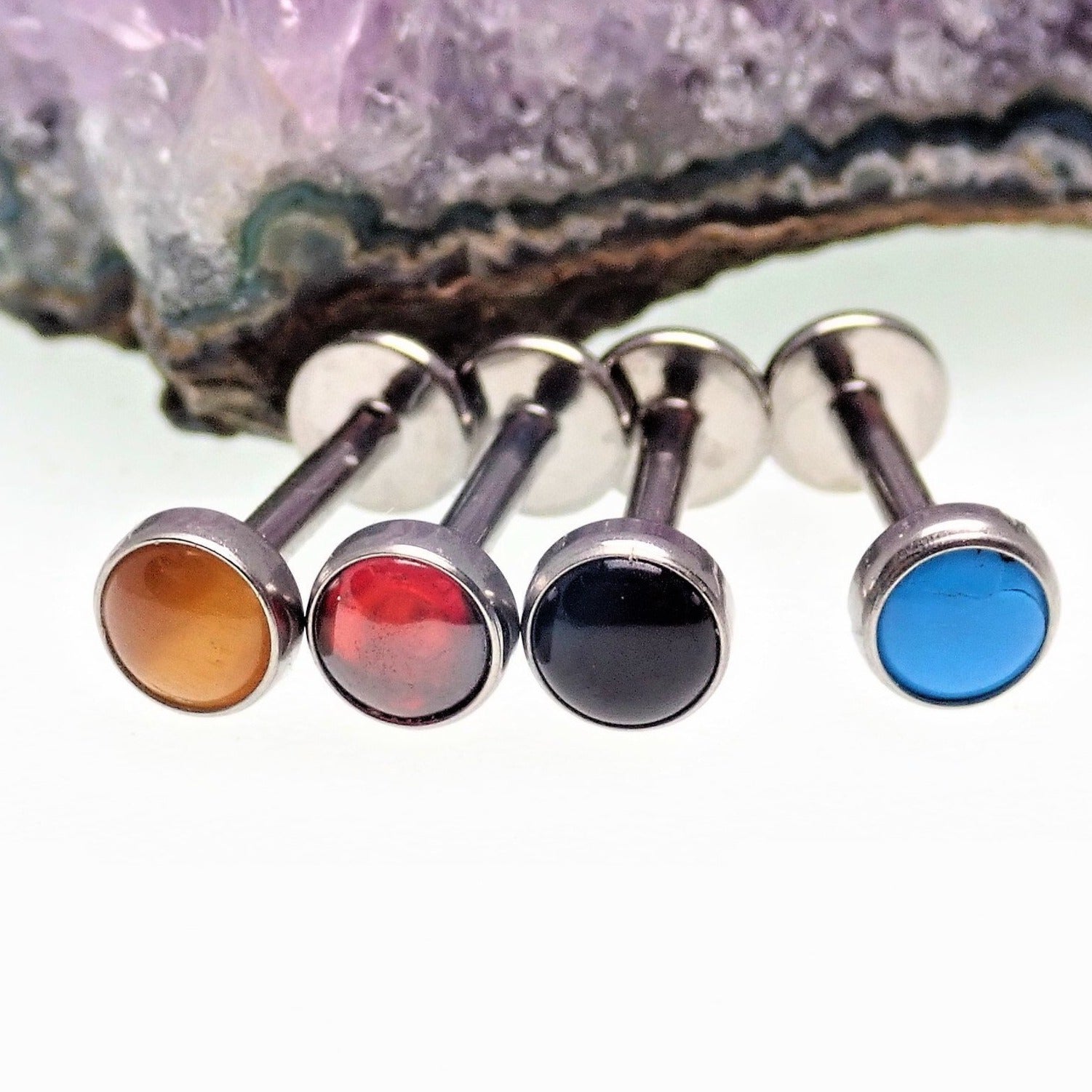 Titanium natural stone flatback internally threaded body jewelry with tiger's eye beads, 0.9mm thread, 16g size by Body Clickers
