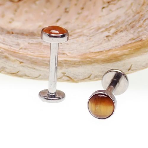 Titanium natural stone flatback internally threaded body jewelry with 0.9mm thread and tiger's eye design, 16g size.