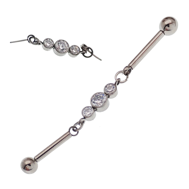Body Clickers 14g/16g titanium industrial CZ piercing with moveable push pin, 36mm length for ear cartilage jewelry