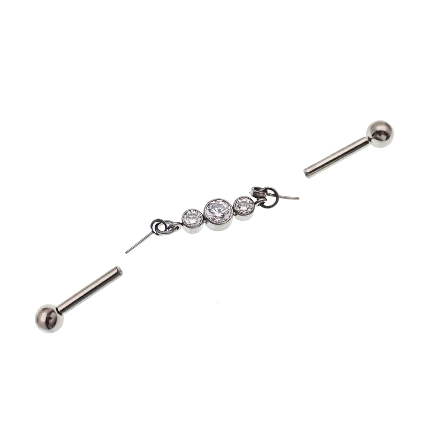 Industrial CZ piercing by Body Clickers with moveable push pin in titanium, available in 14g and 16g gauges.