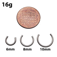 Internally threaded horseshoe titanium circular piercing ring by Body Clickers, 16g, 6mm diameter, shiny metallic finish.